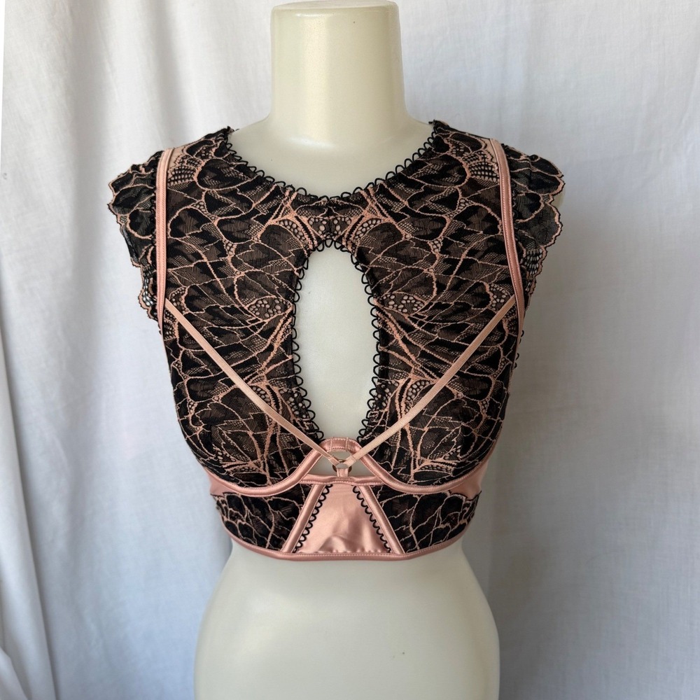 Pink Black Lace Corset Coquette Bustier Romantic Burlesque Lingerie Boudoir 32C